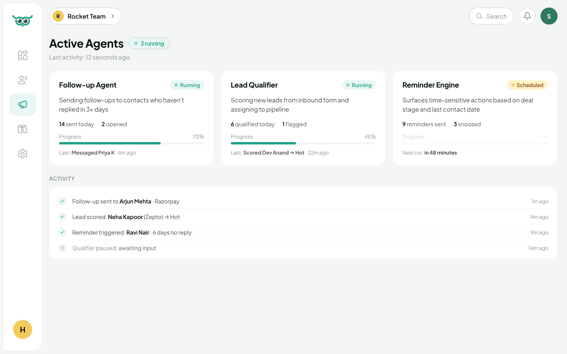 Croohm autonomous agents dashboard showing 3 agents running